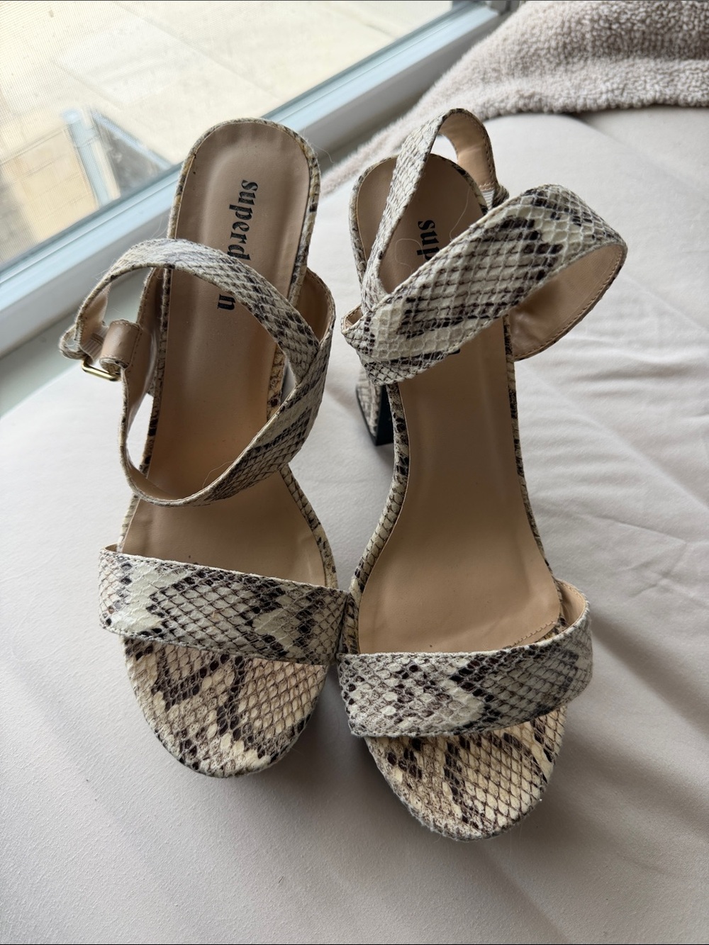 Revolve/ Superdown Snakeskin Print Block Heel Sandals - Cream/Black